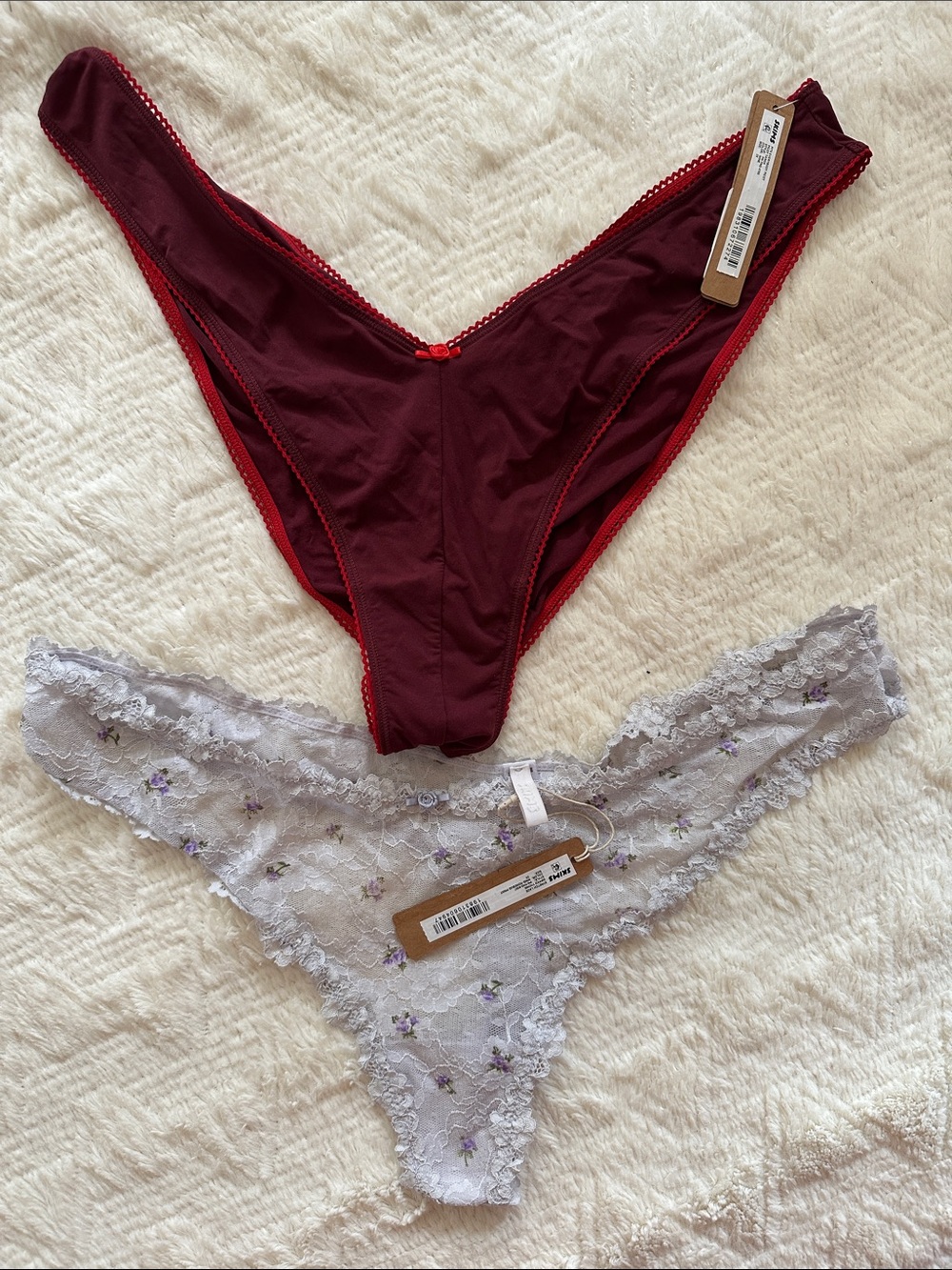 SKIMS Burgundy Solid Cheeky and Lavender Floral Lace Thong Set NWT